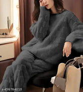 Women's wool winter jacquard night suit with fleece, warm and comfortable fur-lined pajama set in solid pattern. Two sizes available: M and L