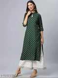 Rayon green women's kurta set with palazzos, printed three-quarter sleeves. Indian rayon fashion wear for women