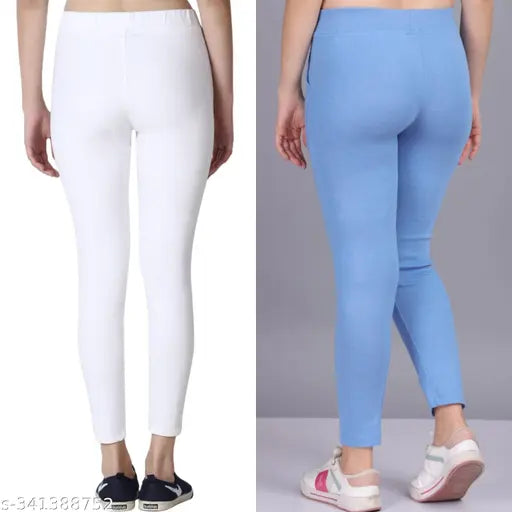 Cotton blend ankle jeggings with pocket combo, soft, stretchy, and breathable for casual or outdoor wear. Solid color in sizes 26-32" (India origin)