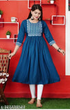 Blue rayon anarkali suit with acrylic pants, three-quarter sleeves, solid net fabric, S-XXXL sizes available