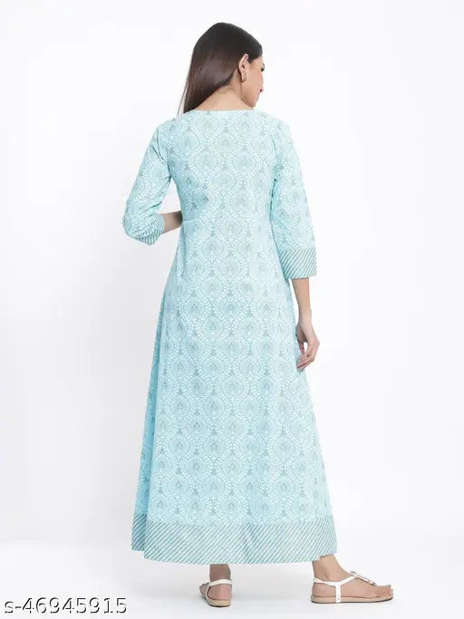 Light Blue Printed Cotton Anarkali by Kipek - Indian ethnic wear with three-quarter sleeves, perfect for daily outfits