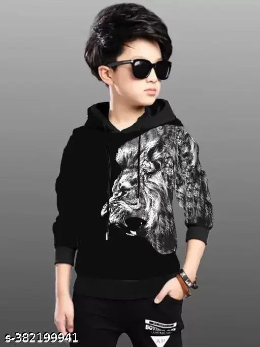 Black and white cotton lion hoodie for kids, soft print on long sleeves, 10-11 years size