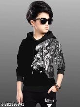 Black and white cotton lion hoodie for kids, soft print on long sleeves, 10-11 years size
