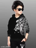 Black and white cotton lion hoodie for kids, soft print on long sleeves, 10-11 years size