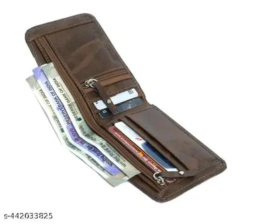 Brown two-fold artificial leather STYSHOP Classic World men's wallet, 5 compartments, slim design, free size (10cm x 11cm)