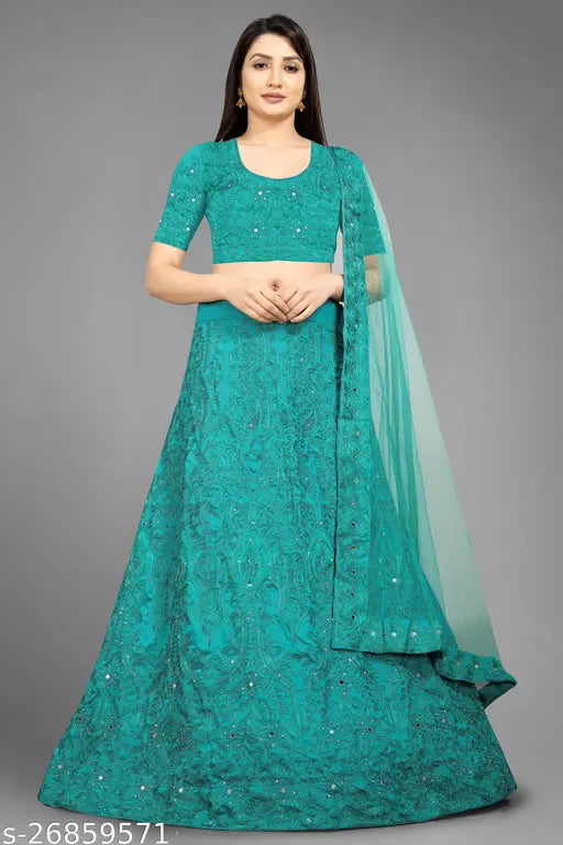 Flared taffeta silk lehenga-choli, embroidered for women in fashionable fusion style. Free size with net dupatta