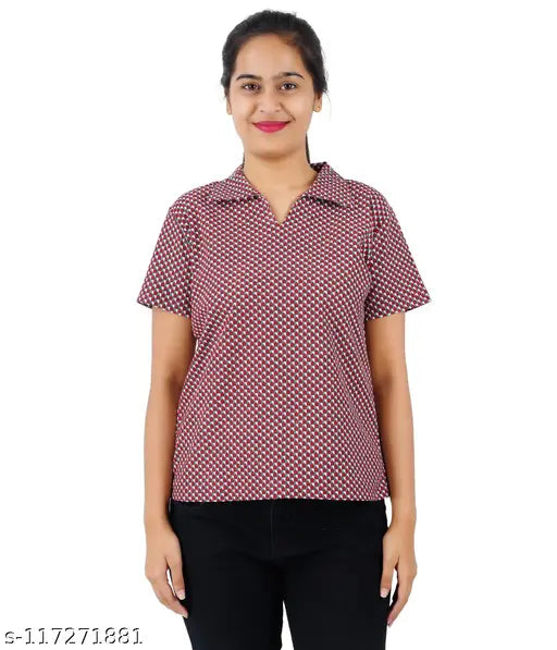 Cotton printed self collar v-neck half sleeve crop top - stylish women's t-shirt from India (XS-XL)