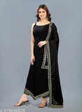 Trendy black cotton silk kurta with sleeveless design, matching palazzo and dupatta set for women's wear, India-origin fashion accessory