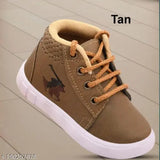 Tan polyvinyl unisex casual kids' shoe with lace-up detail, comfortable mesh upper on feet