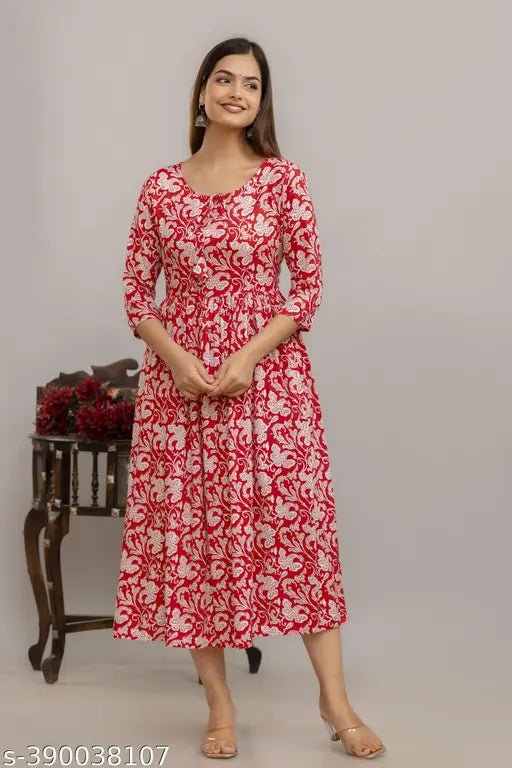 Rayon printed kurti gown for woman, three-quarter sleeve, Indian style fashion on mannequin