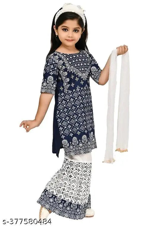 Navy blue rayon Girls Party Kurta & Sahrara Sets, three-quarter sleeves, printed top and bottom, perfect for Indian parties on young girls