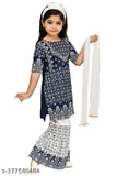 Navy blue rayon Girls Party Kurta & Sahrara Sets, three-quarter sleeves, printed top and bottom, perfect for Indian parties on young girls