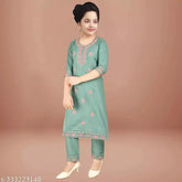 Girls' rayon embroidered kurta & trousers set, A-line with three-quarter sleeves, 4-16 years sizes available