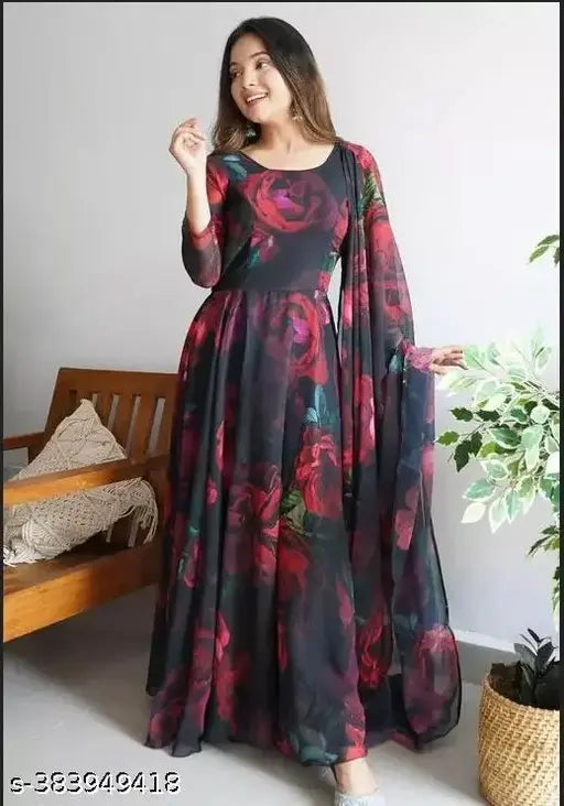 Georgette fit and flare gown, white floral printed party wear dress, bridesmaid gown, India origin