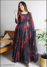 Georgette fit and flare gown, white floral printed party wear dress, bridesmaid gown, India origin