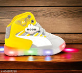 Yellow and grey patent leather LED light shoes for kids aged up to 12 years, featuring breathable mesh, anti-skid sole, and color-changing lighting effect