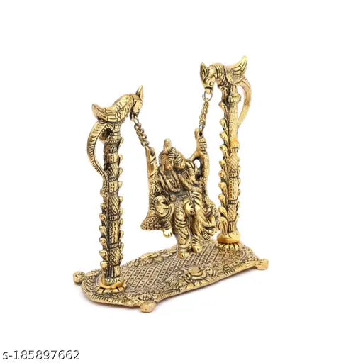 Gold-plated Radha Krishna swing jhula statue, medium size, Indian handicraft decor for home or office