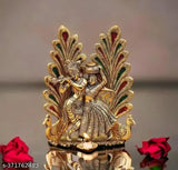Gold-plated antique Radha Krishna idol statue with peacock diya design, traditional Indian handicraft decor piece (10cm x 10cm x 10cm)