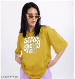 Mustard cotton blend oversized t-shirt with short sleeves, printed design, biowash - XS to XXL sizes available