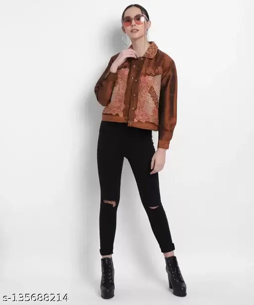 Silk full sleeve embroidered women's jacket, long sleeves with printed net pattern, India-made, XL size