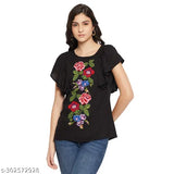 Black rayon embroidered top with printed net pattern, short sleeves on Indian-made women's clothing