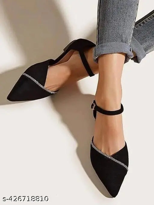 Black suede ballerinas for women and girls, solid pattern, buckle fastening