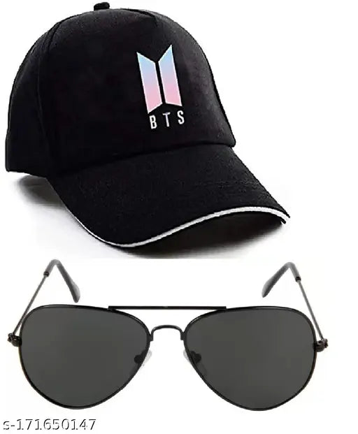 Black BTS baseball cap with comfortable fit and black polarized lens aviator sunglasses for kids