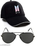Black BTS baseball cap with comfortable fit and black polarized lens aviator sunglasses for kids