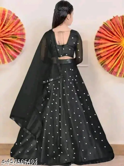 Embroidered satin and net kids lahanga choli, long-sleeved traditional Indian outfit for girls