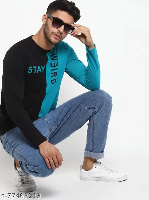 Printed cotton long sleeved BUKKL men's t-shirt, color block style, Indian origin