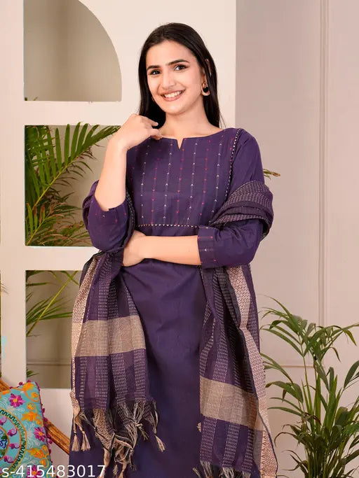 Women's cotton blend straight kurti set with dupatta and bottomwear, printed three-quarter sleeve, Indian ethnic wear (S-XXXL)