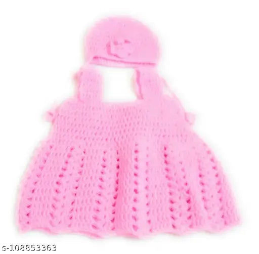 Handmade pink woolen frock & cap suit for baby girls (0-4 months), embroidered net design, India