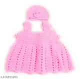 Handmade pink woolen frock & cap suit for baby girls (0-4 months), embroidered net design, India