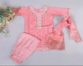 Pink pure cotton floral printed kurti pajami set with dupatta for kids girls, featuring sharara bottoms and three-quarter sleeves. Size options available from 12-18 months to 5-6 years. Made in India