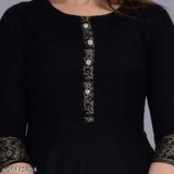 Women's solid rayon anarkali kurti with printed black border - three-quarter sleeves, black and white design, Indian ethnic wear on model