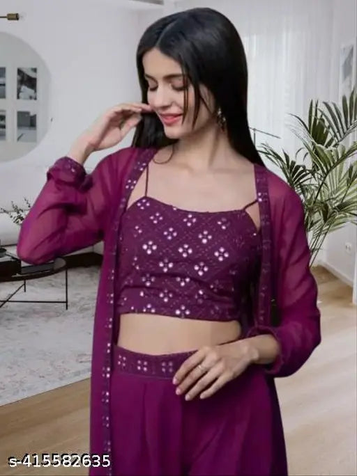 Georgette embroidery work kurta collection in self-design pattern with palazzos and dupatta. Free size, India origin