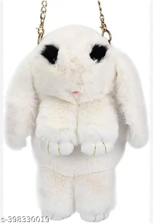 Soft pink plush bunny sling bag with chain and smooth zipper, perfect for girls' accessories