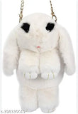 Soft pink plush bunny sling bag with chain and smooth zipper, perfect for girls' accessories