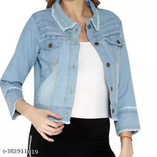 Light blue denim kids jacket, long sleeves, solid strip design, size 12-13 years