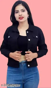 Black denim kids jacket, solid black with long sleeves, size 12-13 years, from India
