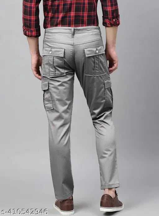 Light grey stretchable cotton blend cargo pants by Daniel Gallego for men - solid net quantity 1, size 32/40, made in India