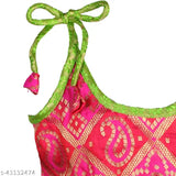 Green and pink silk blend designer MYSORE cotton frock for baby girls, sleeveless self-design net pattern