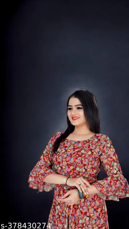 Red georgette bubble print Anarkali kurti with three-quarter sleeves, full flared style for women, exclusive and digitally printed, India origin