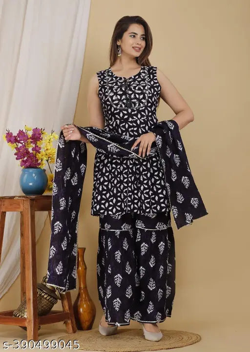 Rayon printed kurta set with sharara and dupatta for women, single size, Indian-origin fashion