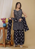 Rayon printed kurta set with sharara and dupatta for women, single size, Indian-origin fashion