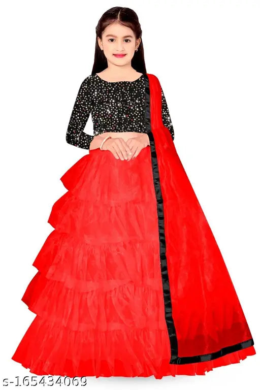 Kids velvet lehenga choli set, heavy net with sequins and semi-stitched design, size 9-14 years, silk inner in lehenga, heavy net dupatta with lace border, India origin