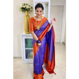 Blue soft lichi silk printed saree with unstitched blouse, luxurious Indian women's wear