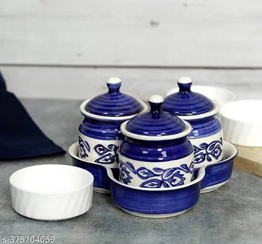 Blue Kraftlik Handicrafts Ceramic pickle jars set of 3, ideal for chutney, pickles, or serving dips