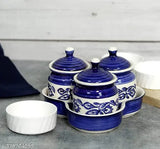 Blue Kraftlik Handicrafts Ceramic pickle jars set of 3, ideal for chutney, pickles, or serving dips