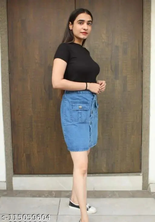 Denim, modern western skirt for women. Solid style in sizes 26, 28, 30 from India